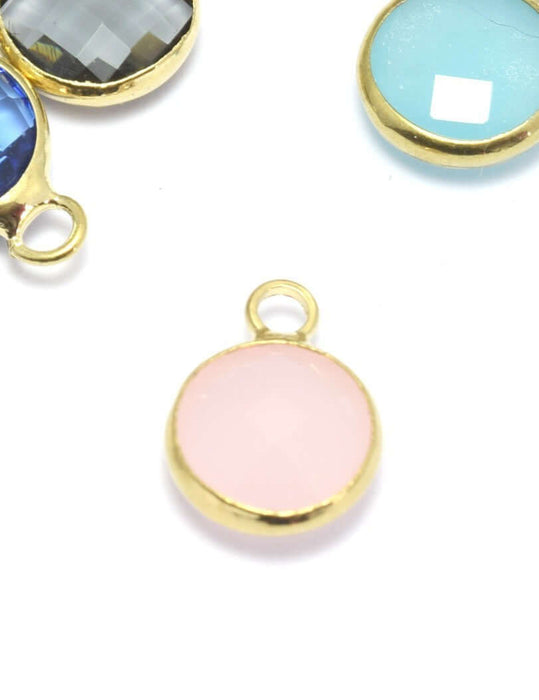 Vente 1 pendentif or 12x9x5 mm, Trou: 2 mm et verre à facettes rose pastel opaque avec contours dorés